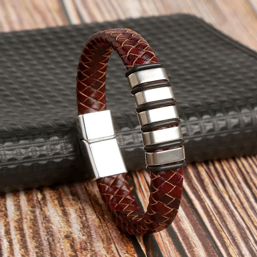 Pulsera trenzada café placa bicolor