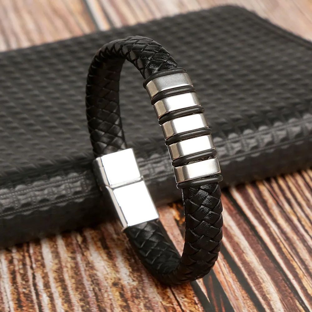 Pulsera trenzada negra placa bicolor
