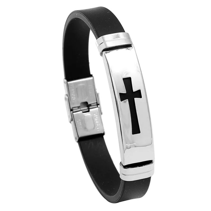 Pulsera de caucho negra placa plateada con cruz